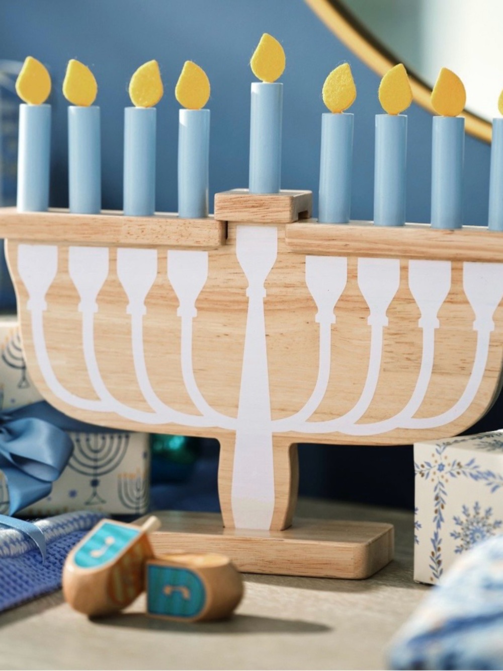 Pottery Barn Kids Wooden Menorah with Blue Candles and Yellow Flames